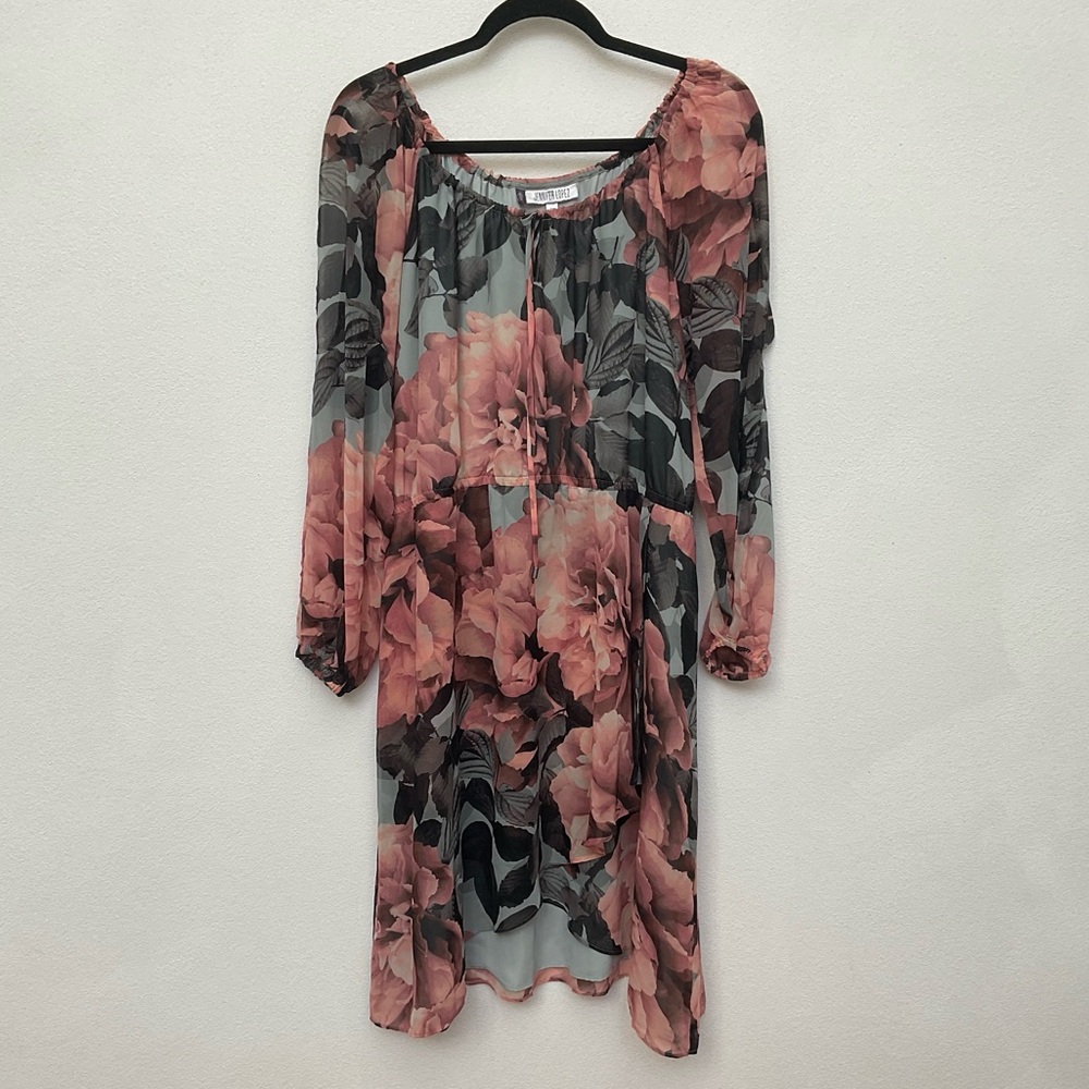 Jennifer Lopez Pink Grey Floral Long Split Sleeve Dress Size XL Fully Lined